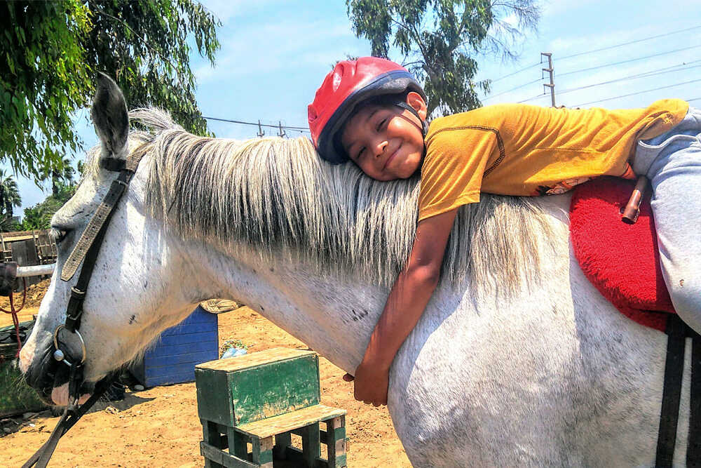 Paciente feliz y sonriente sobre el caballo